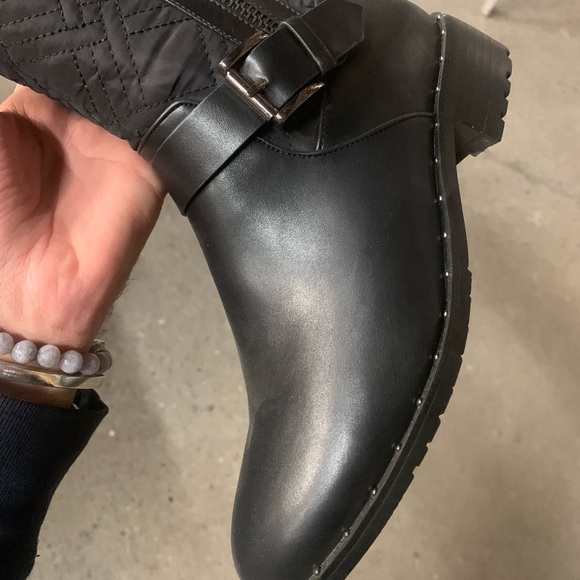 Buckle Detail Knee High Zip Lug Sole Boots in Black Faux Leather, Women’a - Picture 7 of 15